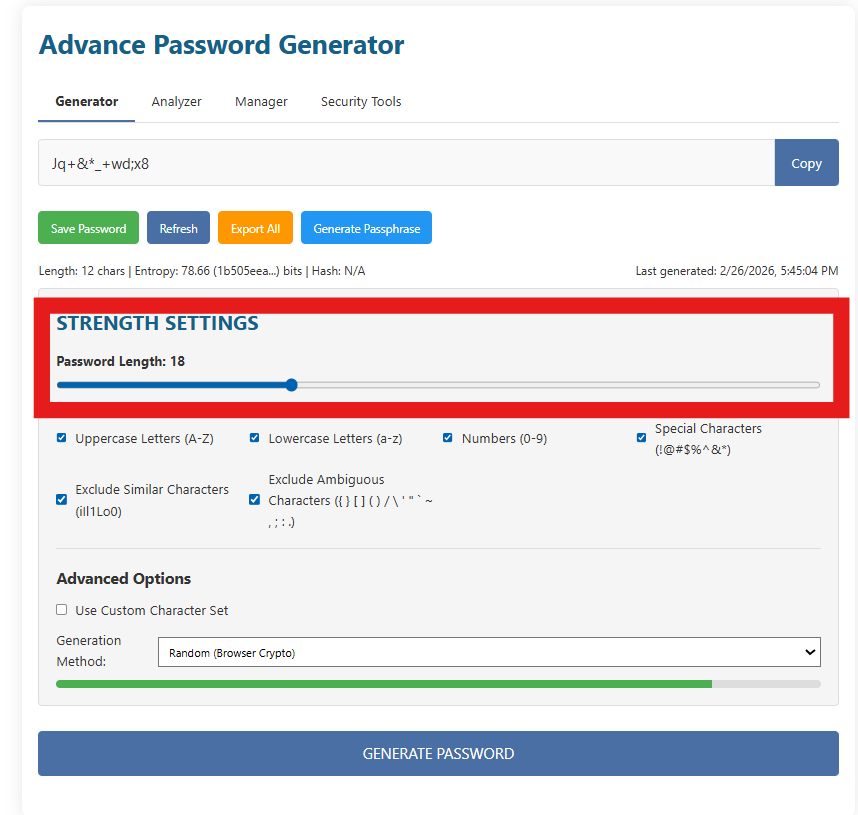 Strength Settings section highlighted, showing password length slider set to 18 characters.