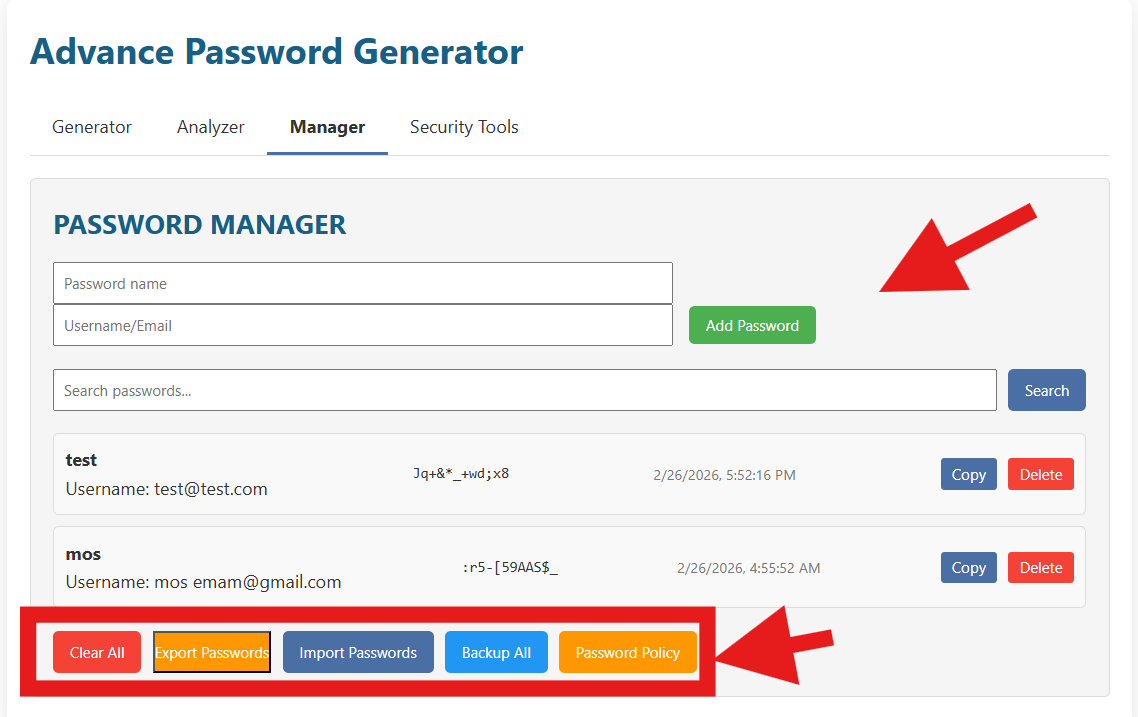 Manager tab highlighting bottom action buttons: Clear All, Export Passwords, Import Passwords, Backup All, Password Policy.