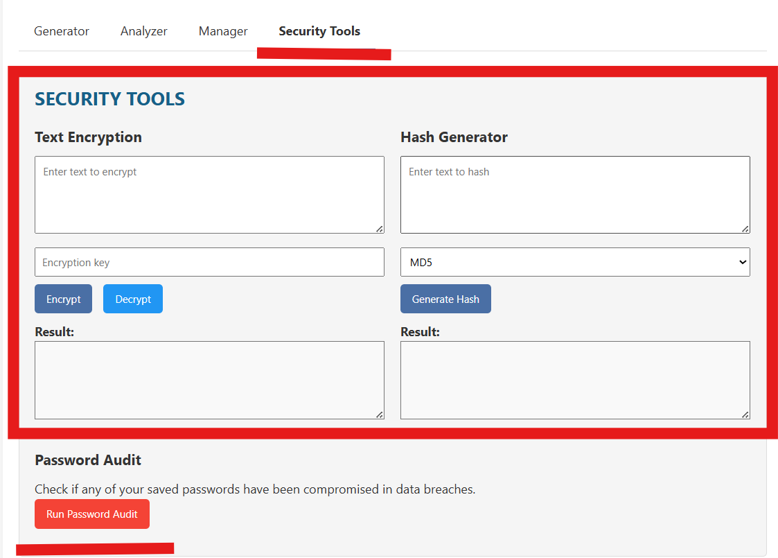 Security Tools tab showing Text Encryption section with key input and Encrypt/Decrypt buttons, and Hash Generator section with algorithm dropdown and Generate Hash button, plus Password Audit button below.